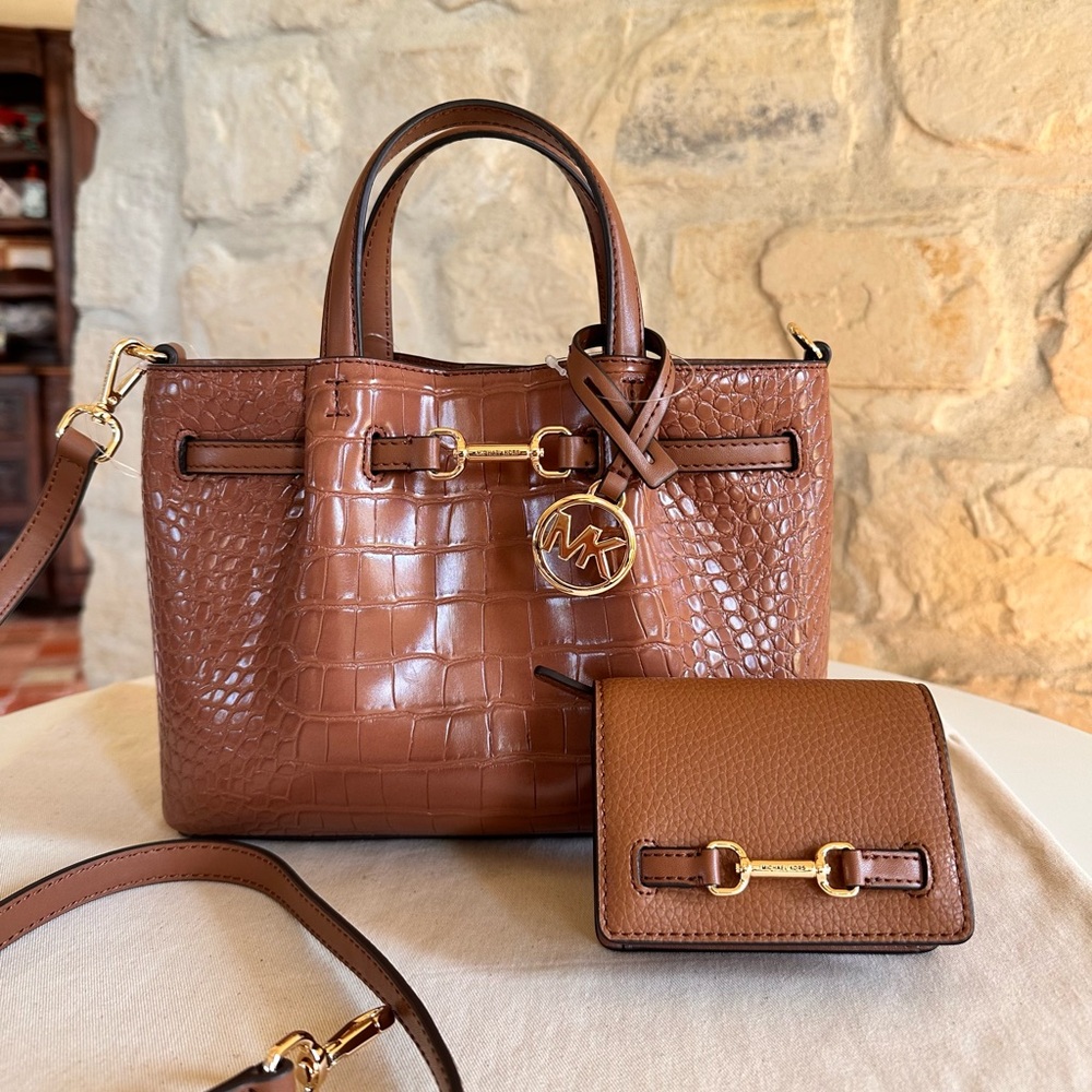Michael Kors Brown Croc-Embossed Leather Bag Set